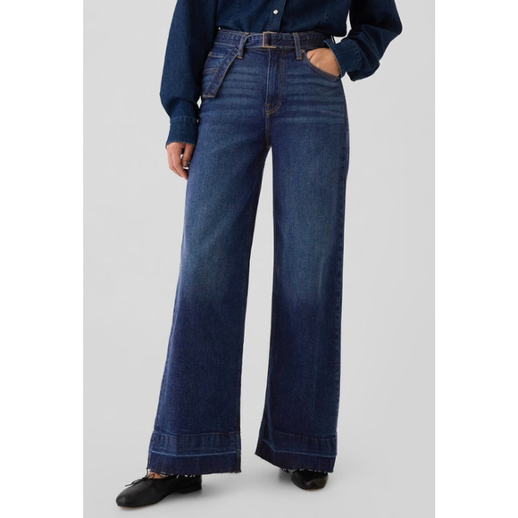 NWT GAP High Rise Stride Belted Wide Leg Jeans Raw Hem Dark Wash Plus Size 34 18 - Picture 1 of 11